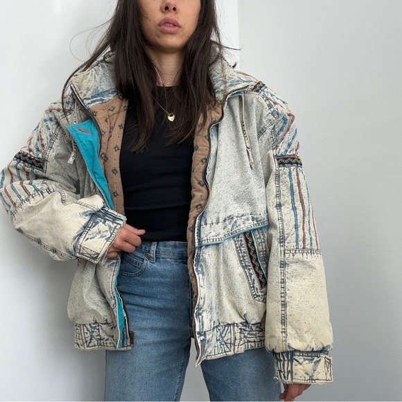Vintage Jackets & Blazers - Vintage 1980’s Acid Wash Denim Front Zip High Neck Embroidered Puffer Jacket L